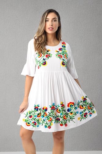 Rayon Crepe Short Dress with Multicolored Embroidery
