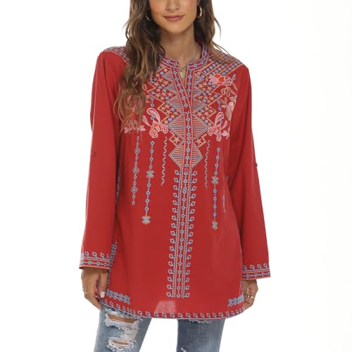 Mexican Embroidered Tops for Women Long Sleeve Shirts Bohemian Flower Peasant Tunics Clothing Boho Blouse