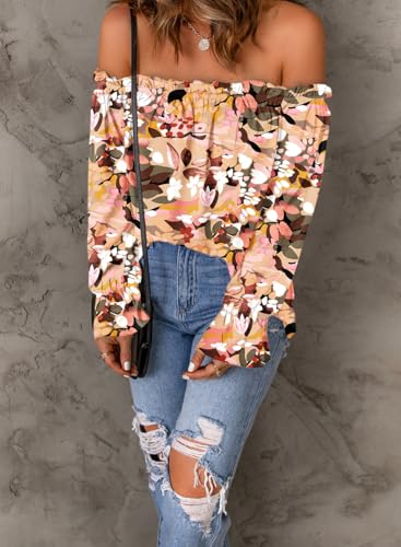 Women's Off Shoulder Top Ruffle Long Sleeve Chiffon Blouse Casual Loose Shirts