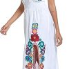 Women's Mexican Floral Embroidered Halter Neck Split Sleeveless Ruffle Party Long Dresses