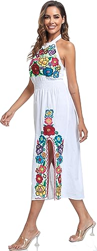 Women's Mexican Floral Embroidered Halter Neck Split Sleeveless Ruffle Party Long Dresses