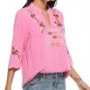 Women's V Neck Casual Summer Blouse, Boho Embroidered Mexican Peasant Tops Short Sleeve Shirts Casual Blouse Loose Tunics