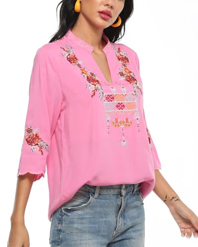 Women's V Neck Casual Summer Blouse, Boho Embroidered Mexican Peasant Tops Short Sleeve Shirts Casual Blouse Loose Tunics
