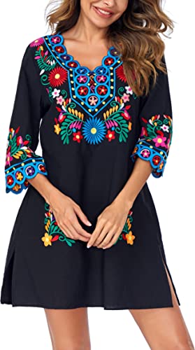Women Embroidered Mexican V Neck Floral Dress Long Sleeve Floral Traditional Bohemian Dress