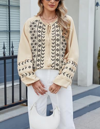 Womens Boho Embroidered Tops Floral Babydoll Tops Long Sleeve V Neck Peasant Blouses Mexican Shirt