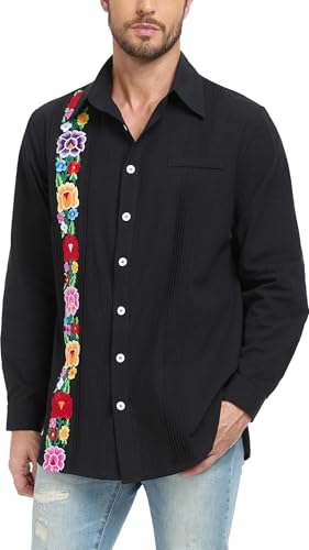 Men's Mexican Shirts Cuban Guayabera Shirt Casual Long Sleeve Embroidered Linen Summer Beach Shirts