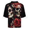 Mexican Day of The Dead Women Goth Workout T-Shirts for Men Collar Neck Summer T-Shirt Mid Sleeve Casual Tee Tops