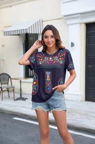 Embroidered Mexican Peasant Blouse Women Summer Boho Shirt Mexico Fiesta Short Sleeve Tops