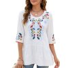 Women's Embroidered Tops 3/4 Sleeve Mexican Blouses Shirts Round Neck Dressy Tunics Peasant Tops Loose Fit