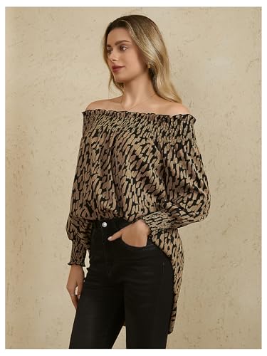 Women's Off Shoulder High Low Tunic Tops Allover Print Long Puff Sleeve Blouse