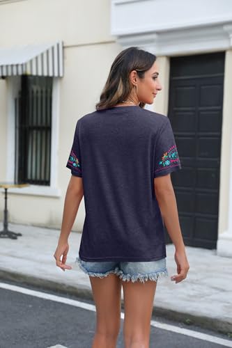 Embroidered Mexican Peasant Blouse Women Summer Boho Shirt Mexico Fiesta Short Sleeve Tops