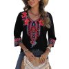 Mexican Embroidered Tops for Women Boho Floral 3/4 Sleeve Peasant Blouses Summer Casual Boho Clothes Hippie Shirt