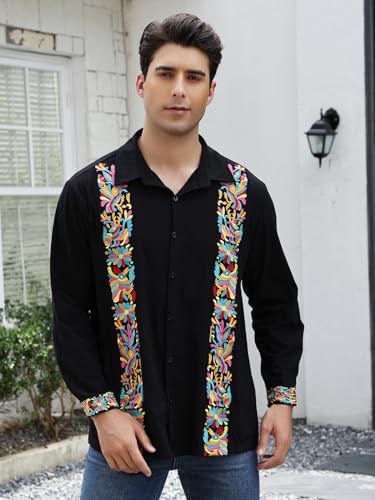 Mexican Shirts for Men Guayabera Cinco De Mayo Fiesta Traditional Embroidered Collared Button Up Long Sleeve