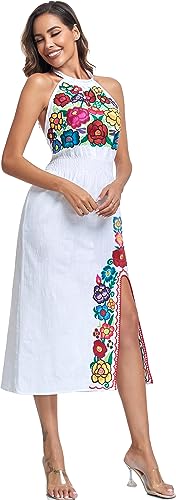 Women's Mexican Floral Embroidered Halter Neck Split Sleeveless Ruffle Party Long Dresses