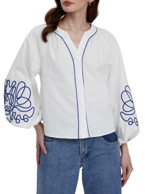 Women's Casual Floral Embroidered V Neck Blouses Boho Long Balloon Sleeve Mexican Shirts Loose Summer Fall Tops 2025