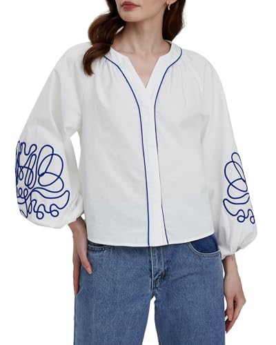 Women's Casual Floral Embroidered V Neck Blouses Boho Long Balloon Sleeve Mexican Shirts Loose Summer Fall Tops 2025