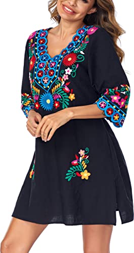 Women Embroidered Mexican V Neck Floral Dress Long Sleeve Floral Traditional Bohemian Dress