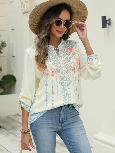 Women's Embroidered Tops Mexican Shirt V Neck Summer Casual Tops Peasant Tunic Loose Blouse