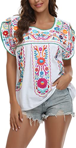Women's Summer Boho Embroidery Mexican Bohemian Tops Shirt Tunic