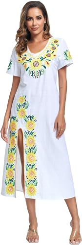 Women Mexican Embroidered Dress V Neck Sexy Maxi Short Sleeve Casual Beach Split Dress