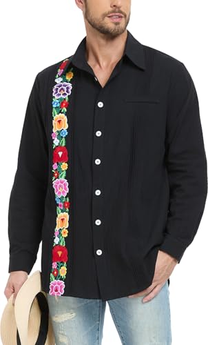 Men's Mexican Shirts Cuban Guayabera Shirt Casual Long Sleeve Embroidered Linen Summer Beach Shirts