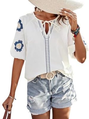 Mexican Embroidered Tops for Women Floral Short Sleeve Boho Tops Bow Tie V Neck Peasant Blouse Loose Summer Tops