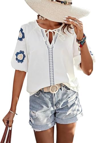 Mexican Embroidered Tops for Women Floral Short Sleeve Boho Tops Bow Tie V Neck Peasant Blouse Loose Summer Tops