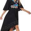 Women's Mexican Dress Casual Floral Embroidered V Neck Flowy 3/4 Sleeve Beach Sundress Cocktail Dress