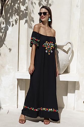 Womens Off Shoulder Long Mexican Embroidered Dress Maxi Boho Floral Summer Peasant Dress
