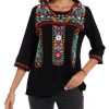 Women's 3/4 Sleeve Mexican Shirts Embroidered Tops Floral Boho Peasant Blouse Ethnic Style Casual Loose Tunics
