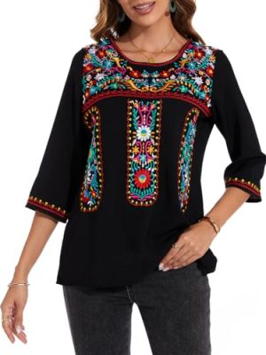 Women's 3/4 Sleeve Mexican Shirts Embroidered Tops Floral Boho Peasant Blouse Ethnic Style Casual Loose Tunics