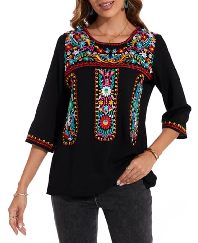 Women's 3/4 Sleeve Mexican Shirts Embroidered Tops Floral Boho Peasant Blouse Ethnic Style Casual Loose Tunics