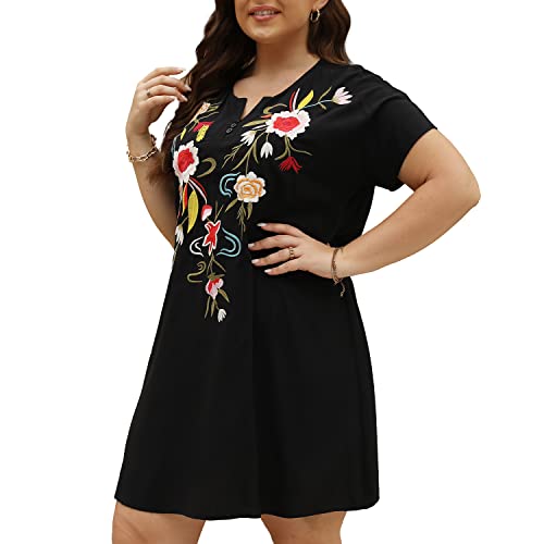Plus Size Embroidered Dress for Women Mexican Peasant Boho Floral Tradition Fiesta Bohemian Summer Hippie Dresses