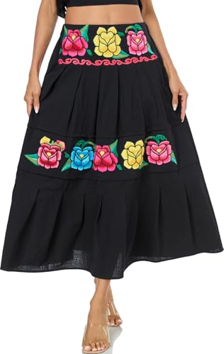 Mexican Skirts for Women Floral Embroidered Maxi Skirt Traditional Dress Fiesta Outfit