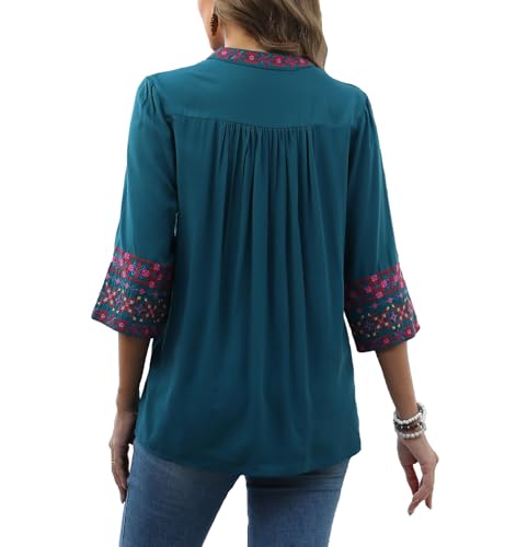 Mexican Embroidered Tops Boho 3/4 Sleeve Shirts Floral Peasant Tunic Bohemian Fiesta Blouses Clothes for Women