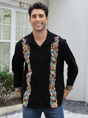Mexican Shirts for Men Guayabera Cinco De Mayo Fiesta Traditional Embroidered Collared Button Up Long Sleeve