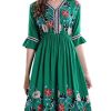 Women's Short Sleeve Mexican Embroidered Floral Pleated Midi A-line Cocktail Dress