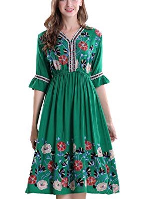 Women's Short Sleeve Mexican Embroidered Floral Pleated Midi A-line Cocktail Dress