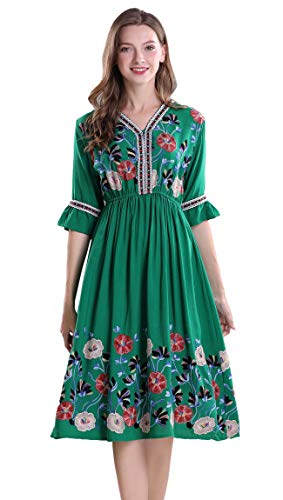 Women's Short Sleeve Mexican Embroidered Floral Pleated Midi A-line Cocktail Dress