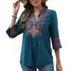 Mexican Embroidered Tops Boho 3/4 Sleeve Shirts Floral Peasant Tunic Bohemian Fiesta Blouses Clothes for Women