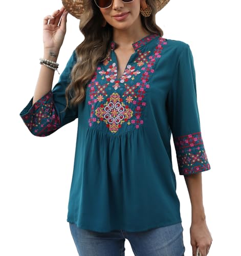 Mexican Embroidered Tops Boho 3/4 Sleeve Shirts Floral Peasant Tunic Bohemian Fiesta Blouses Clothes for Women