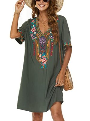 Women's Embroidered Mexican Peasant Dresses, Plus Size Fiesta Boho Dress for Women, Traditional Floral Bohemian Tunic
