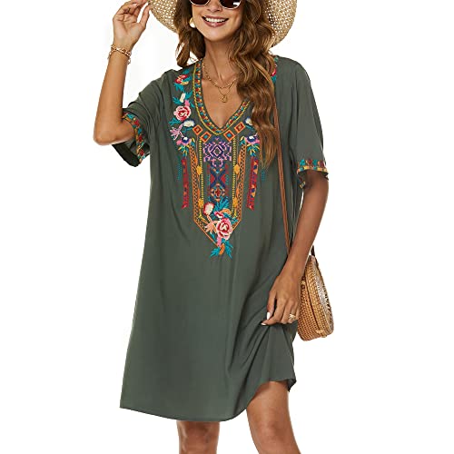 Women's Embroidered Mexican Peasant Dresses, Plus Size Fiesta Boho Dress for Women, Traditional Floral Bohemian Tunic