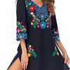 Women Embroidered Mexican V Neck Floral Dress Long Sleeve Floral Traditional Bohemian Dress
