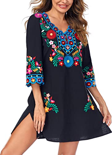 Women Embroidered Mexican V Neck Floral Dress Long Sleeve Floral Traditional Bohemian Dress