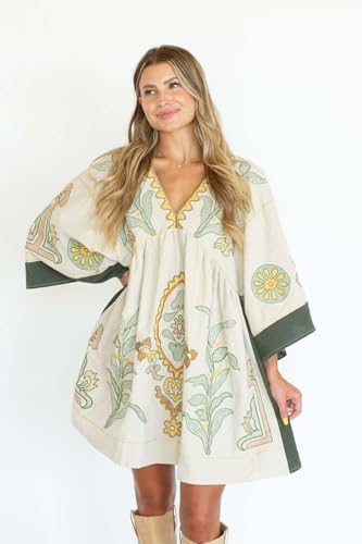 Print Dresses for Women with V-Neck Summer Cotton 3/4 Sleeves Casual Loose Fit Boho Vintage Floral Tunic Dress 2025
