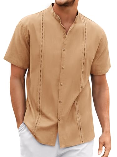 Mens Guayabera Shirts Linen Short Sleeve Button Down Casual Beach Cuban Camp Mexican Shirt for Men