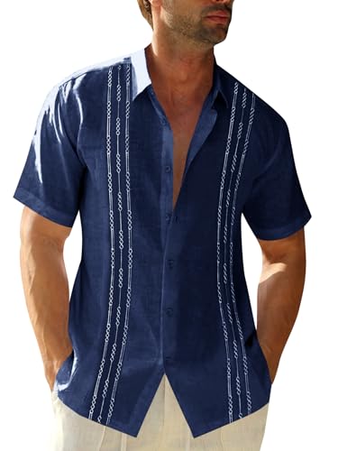 Mens Short Sleeve Guayabera Shirts Linen Cotton Button Down Mexican Embroidered Cuban Wedding Shirt Summer Beach Tops