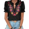 Women's Casual Floral Embroidered V Neck Boho Short Puff Sleeve Shirts Loose Summer Blouses Tops Fashion Clothes 2025