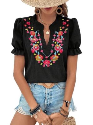 Women's Casual Floral Embroidered V Neck Boho Short Puff Sleeve Shirts Loose Summer Blouses Tops Fashion Clothes 2025